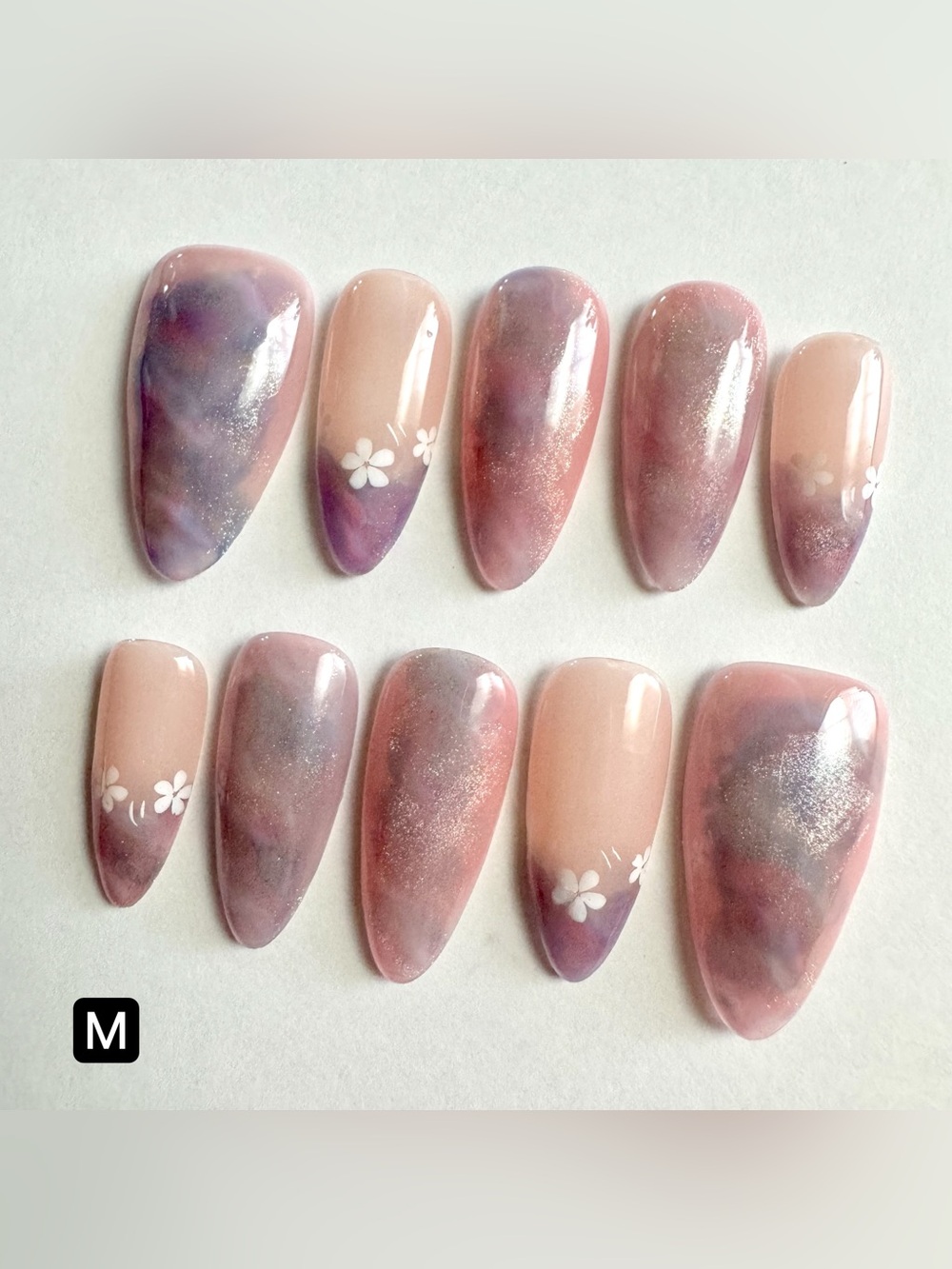 Mauve Marble Press-On Nails with Floral Accent